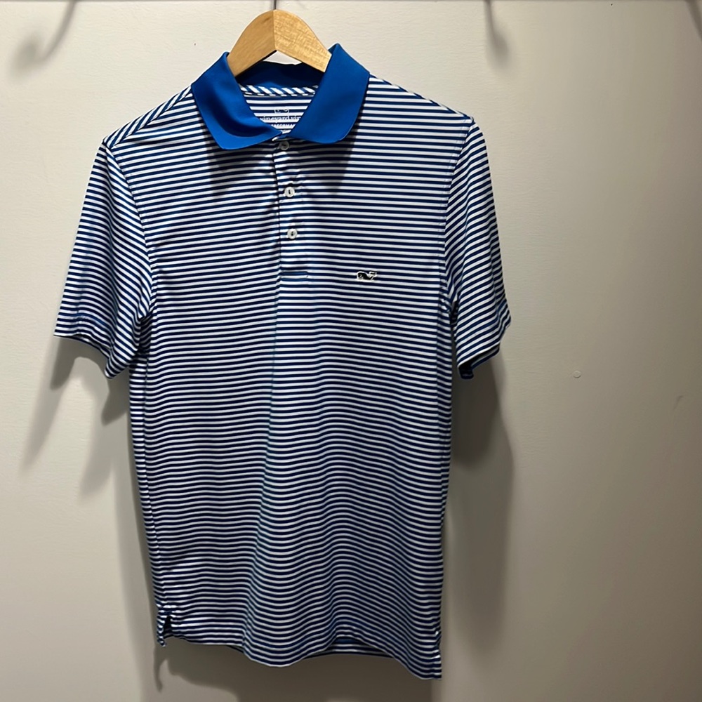 Vineyard Vines Men’s XS Performance Blue and White Striped Short-Sleeve Polo